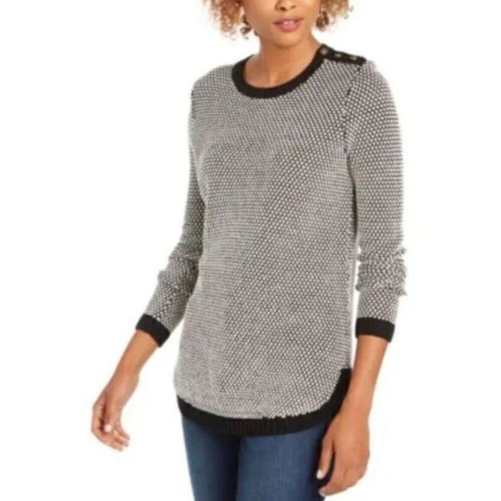 Charter Club Knit Sweater Womens P/P Black Cream Crew Ribbed Trim Gold Buttons
